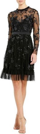 Mac Duggal Sheer Long Sleeve Embellished Mini Dress in Black at Nordstrom, Size 14