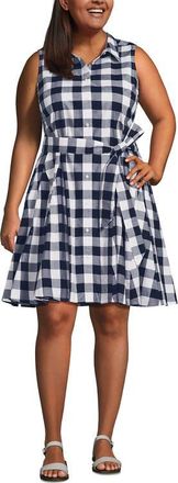 Lands End Poplin Button Front Dress with Godets in Radiant Navy Gingham at Nordstrom, Size 2X