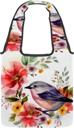 Generic Watercolor Bird Florals Reversible Canvas Shoulder Tote - Double-Sided Print, 12oz Cotton, 27cm Drop, Fold-Flat Bag for Travel, Shopping, Street Outin