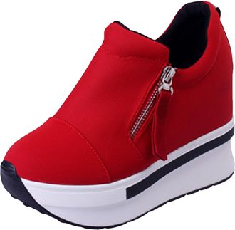 Generic Womens Casual Platform Shoes Thick Soled Canvas High Heel Comfortable Walking Footwear Fashion Zipper Design Lightweight (Red, 4)