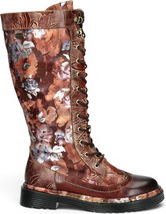 Laura Vita Womens Maroon Gothic Victorian Floral Maroon Leather Knee-High Lace-Up Boots - Incaso-50