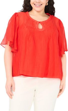 Vince Camuto Keyhole Cutout Flutter Sleeve Crinkle Top in Lobster Red at Nordstrom, Size 1 X
