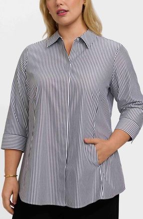 Foxcroft Cici Stripe Cotton Tunic Blouse in Black/White at Nordstrom, Size 16W