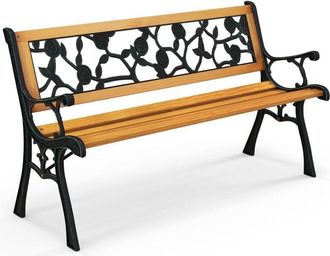 Costway Costway - Banco Jardin Exterior De 3 Plazas, Bancos Para Exterior Con Estructura De Metal Fundido, Asiento De Madera, Reposabrazos Curvos, Banco Mader