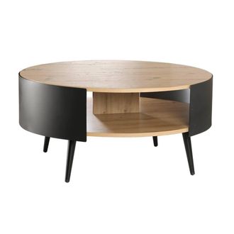 Calicosy Round Coffee Table With 2 Tiers, Black Metal Sides, 80Cm in Light Oak