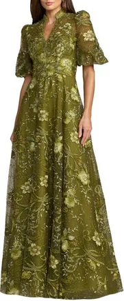 Mac Duggal Queen Anne Puff Sleeve A-Line Gown in Olive at Nordstrom, Size 10