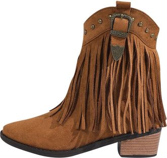 Generic Brown Womens Chunky Heel Ankle Boots, Tassel Embellished Round Toe Mid-Calf Boots for Winter, Comfortable and Fashionable