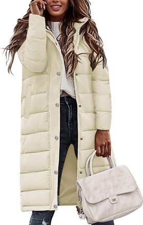 Heekpek Tuopuda Women Winter Quilted Puffer Coat Lightweight Long Down Hooded Jacket Zip Up Warm Winter Parka Coat Side Split Windproof Outerwear with Pockets