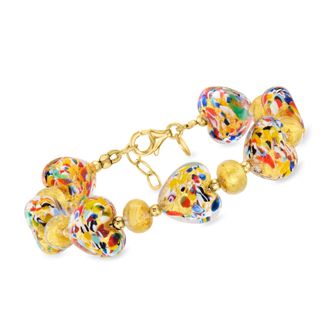 Ross-Simons Italian Multicolored Murano Glass Heart-Shaped Bead Bracelet With 18kt Gold Over Sterling