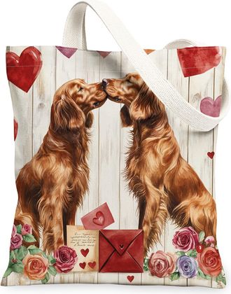 Generic Valentines Day Pitbull Dog Canvas Tote Bag for Shopping 13x15, Rustic Couple Puppy Reusable Grocery Print Bag for Women, Pet Beach Aesthetic Painting 