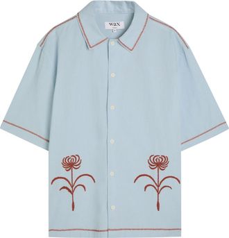 Wax London Keats Embroidered Cotton and Linen-blend Shirt - Blue - XL