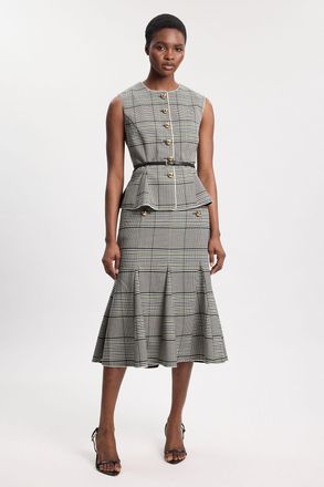 Karen Millen Womens Petite Tailored Check Godet Midi Skirt - Monochrome Multi - Size 12 UK