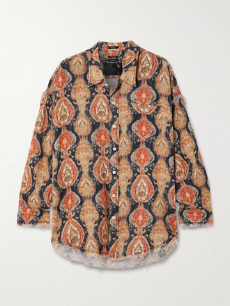 R13 Camicia In Cotone Stampato Con Bordi Sfrangiati - Verde