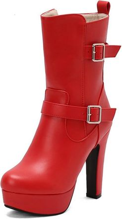 Generic Womens Round Toe Short Boots Block High Heel Ankle Boots with Buckle PU Leather Platform Boot with Side Zipper,Red,10.5 UK