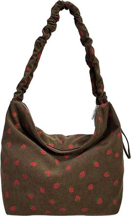 Generic Women Cartoon Shopping Handbag with Ruched Strap Strawberry Pattern Satchel Bag Large Capacity Female Travel Casual Bag (Brown)