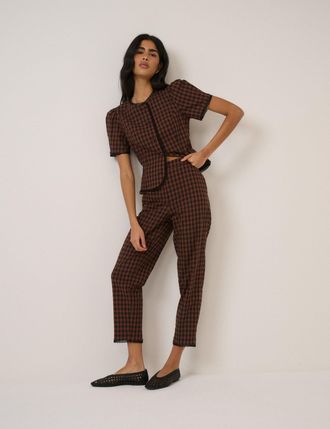 Nobody's Child Brown Gingham Lace Trim Cigarette Trousers