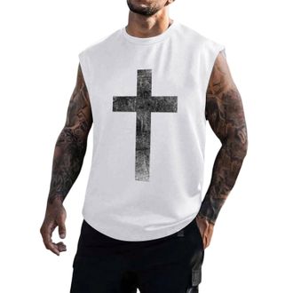 Generic Christian Vests for Men UK Jesus Cross Print Workout Tank Tops Summer Casual Sleeveless Loose Sports Running Gym Muscle Tee, White, XL
