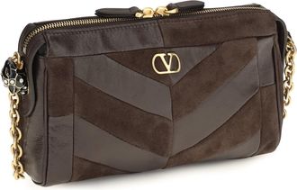 Valentino Garavani Womens Panthea Shoulder Bag Chevron Pattern Ebony Brown-Oak Brown Calf Leather Bos Taurus Brown/oak