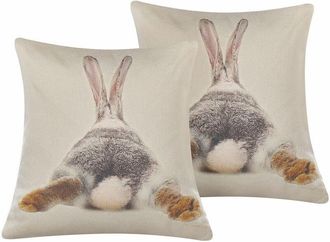 Beliani Conjunto De 2 Cojines Decorativos Cuadrados De Algod&oacute;n Gris Pardo Con Estampado 45 X 45 Cm Conejo De Pascua Buxus