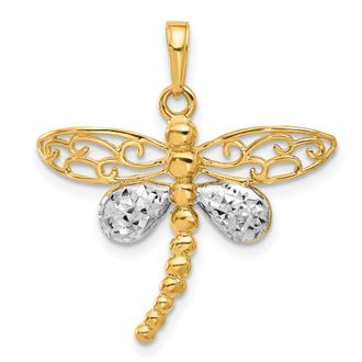 Diamond2Deal 14k Yellow Gold White Rhodium Polished Diamond-Cut Dragonfly Pendant