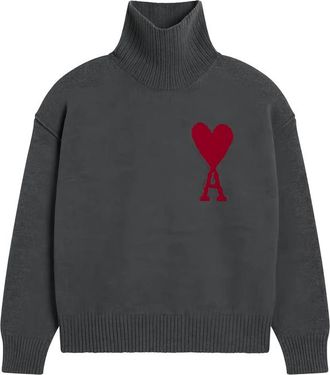 Ami Grey Funell Neck Wool Sweater With Ami De Coeur