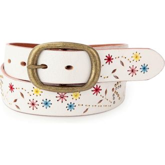 OLD TREND Blossom Genuine Leather Hand Stitched Colorful Detail Belt in White at Nordstrom, Size Medium