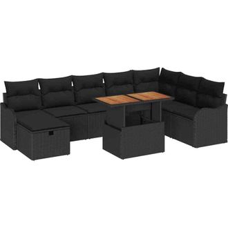 vidaXL Conjunto De Sof&aacute; De Jard&iacute;n Con Coj&iacute;n 9 Pcs Negro Polirat&aacute;n