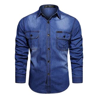 Generic Mens Shirts Long Sleeve Denim Shirt Regular Fit Button Down T-Shirt with Double Pocket Tops Business Jean Work Blouse Camiseta Negra para Hombre(Dark 