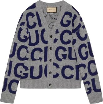 Gucci Intarsia wollen vest met logo - Heren - Vesten - Grijs - M - Wol - Truien & Vesten