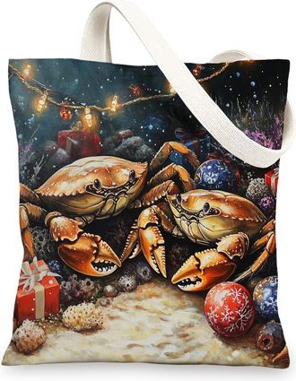 Generic Ocean Christmas Crab Canvas Tote Bag for Shopping 13x15, Fun Sea Coastal Xmas Sealife Reusable Grocery Print Pattern Bag for Women, Holiday Beachy Bea