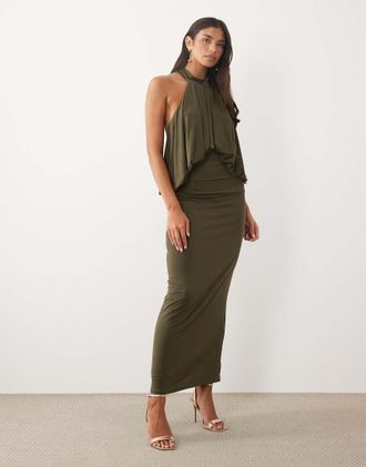 Tfnc vestito maxi con collo alto allamericana, schiena aperta, color oliva-Verde