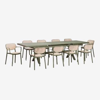Sklum Set De Mesa Rectangular 240-300x100 Cm Extensible Karena Y 10 Sillas De Comedor Apilables Con Reposabrazos Omara Sklum