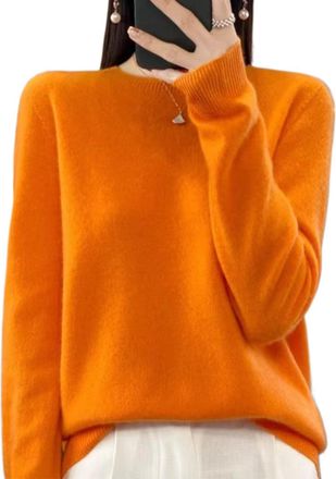 Generic Cashmere Sweaters for Women Women Solid Color Sweater Slim Fit Casual Long Sleeve Sweaters Warm Soft Pullover Jumper (Orange,M)