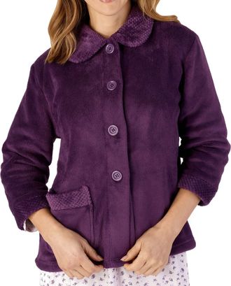 Slenderella Womens Button Up Coral Fleece Bed Jacket Housecoat with Waffle Detail - Medium (Plum)