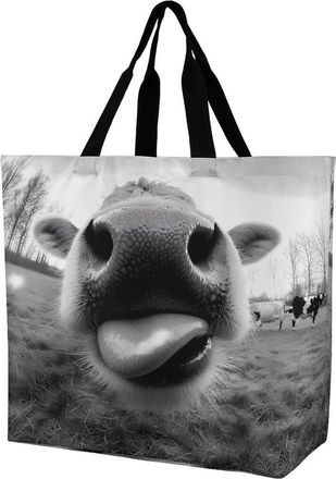 Generic Cow Sticking Out It Tongue Reusable Shopping Bags One Shoulder Grocery Tote Bag Waterproof Big Purse for Work Travel