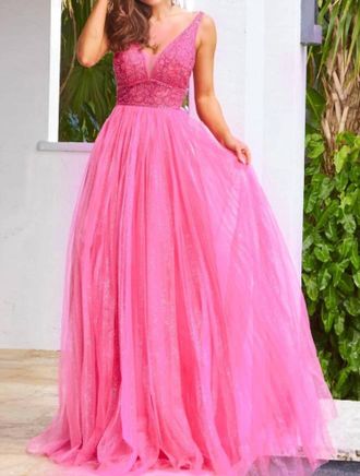 Jovani Embellished Deep V Neck A-Line Gown In Hot Pink