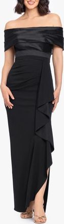 Betsy & Adam Mixed Media Off the Shoulder Cascade Ruffle Gown in Black/black at Nordstrom, Size 16