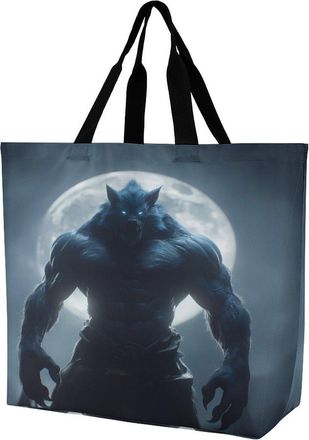 Generic Werewolf And Moon Large Reusable Shopping Bag Lightweight Foldable Tote Bags Washable Shoulder Handbag