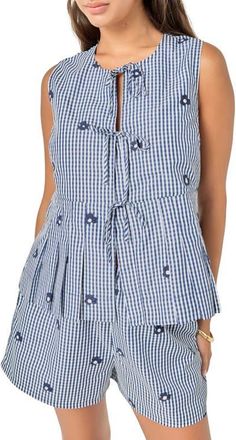 English Factory Bow Detail Gingham Embroidered Peplum Top in Navy at Nordstrom, Size X-Small