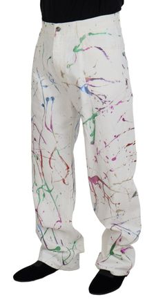 Dolce & Gabbana Mens White Cotton Splash Print Denim Pants