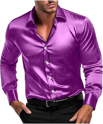 Generic Mens Shirts Smart Casual Satin Formal Shirts Long Sleeve Shiny Dress Shirt Non Iron Button Down Shirt Regular Fit Luxury Tops for Men Vintage Party Di