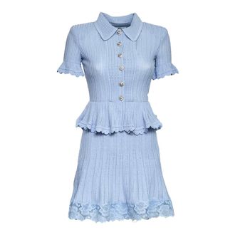 Self Portrait Knitted Dresses, female, Blue, Size: M Pointelle Peplum Knit Mini Dress