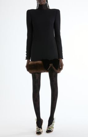 Valentino Long Sleeve Wool Crepe Minidress with Genuine Shearling Trim in Black at Nordstrom, Size 6 Us