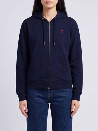 Ami Felpa con cappuccio e zip in cotone con logo ricamato