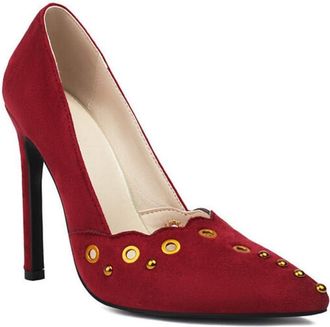 Generic Womens Faux Suede Court Shoes with Studded Pointed Toe Dress Pumps Stiletto High Heel Office Shoes,Burgundy,6.5 UK