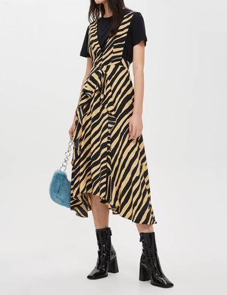 Topshop Zebra Print Striped Pinafore V Neck Dress In Brown