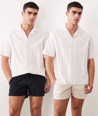 Asos Confezione da 2 paia di pantaloncini slim in misto lino taglio corto nero e color pietra-Multicolore