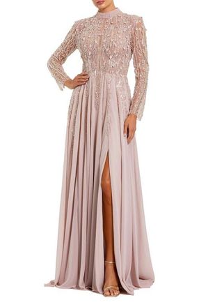 Mac Duggal Long Sleeve High Neck Embellished Satin Gown in Dusty Rose at Nordstrom, Size 12