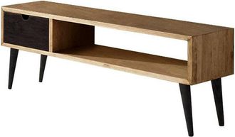 HOGAR 24 Mueble Televisi&oacute;n De Estilo Escandinavo, Acabado Encerado Y Negro, Madera Maciza Pino 100% Natural, Dispone De Caj&oacute;n Y Estante