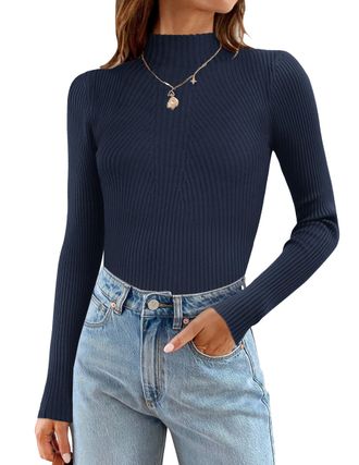 Zeagoo Pullover Womens Turtleneck Ribbed Knit Elegant Sweater Autumn Winter Soft Slim Fit Jumper Sweater Fine Knit Jumper, navy blue, XXL